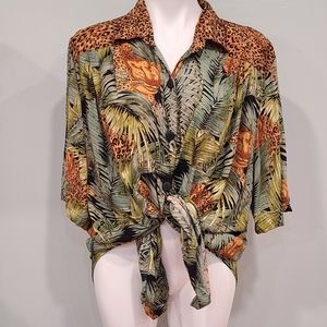 Vintage Hawaiian Button Down Tropical Leopard Beaded